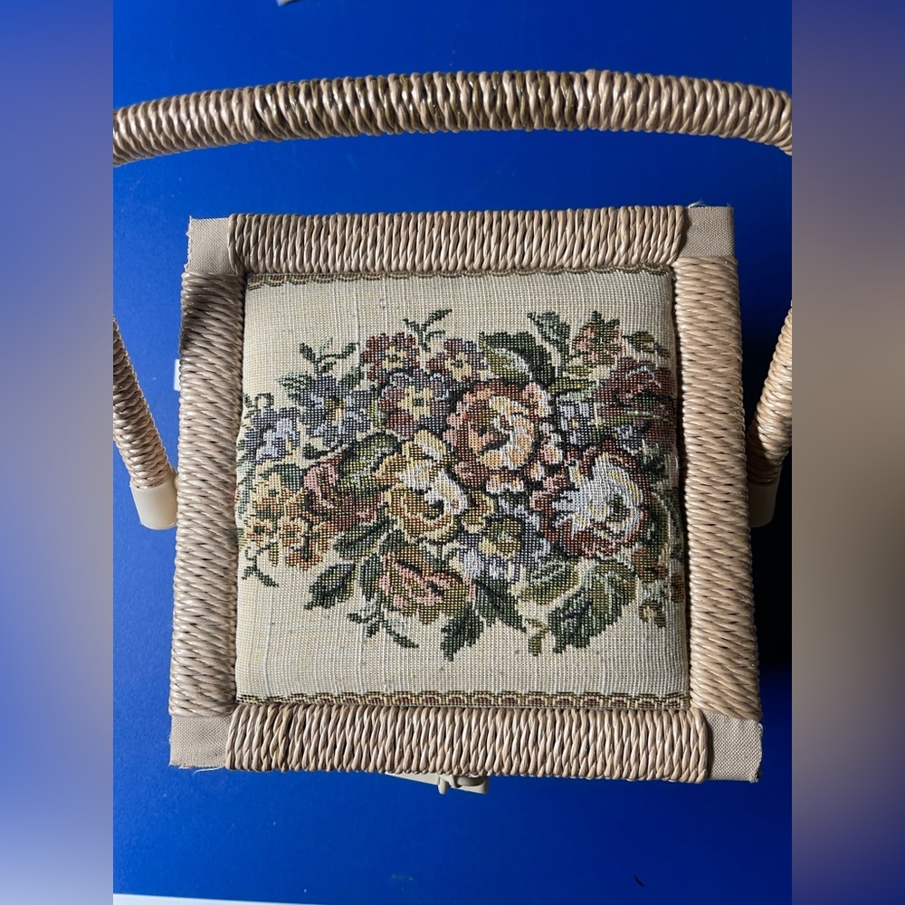 Vintage Handled Woven Sewing Basket, Floral Tapestry 8x6 inches